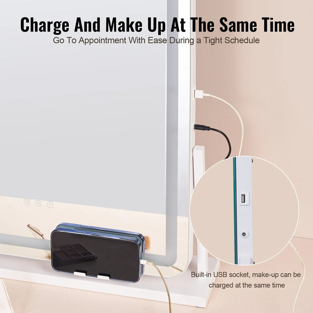 VEVOR LED Makeup Mirror with Lighting, 3 Light Modes, 5× Magnification, USB Port, Touch Control and 360° Rotation (55 × 45 cm, White)