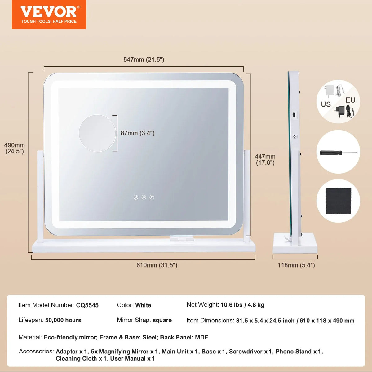VEVOR LED Makeup Mirror with Lighting, 3 Light Modes, 5× Magnification, USB Port, Touch Control and 360° Rotation (55 × 45 cm, White)
