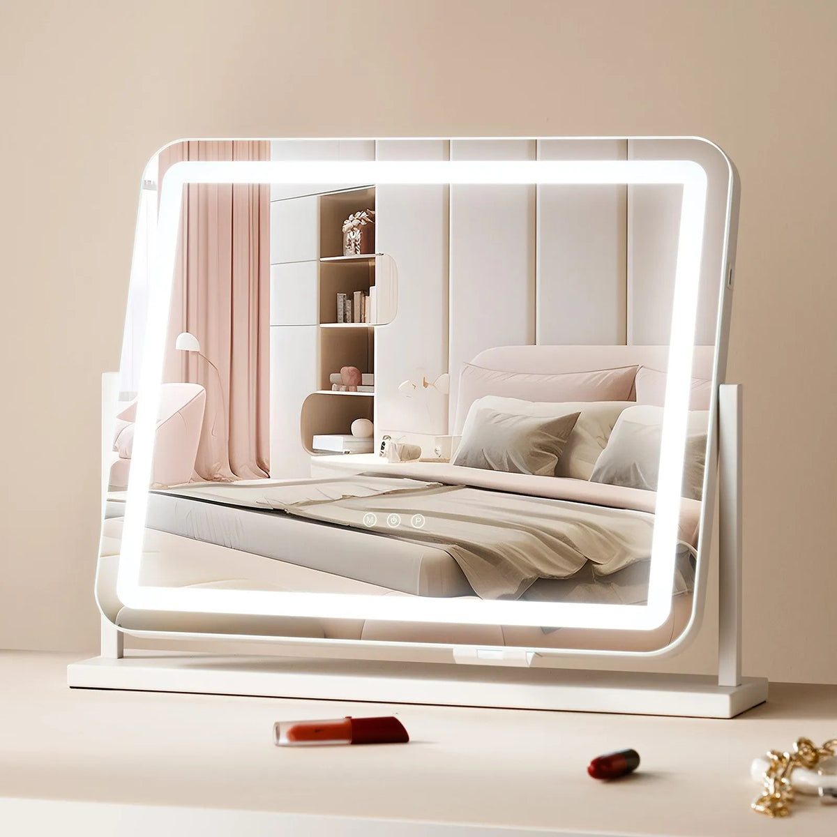 VEVOR LED Makeup Mirror with Lighting, 3 Light Modes, 5× Magnification, USB Port, Touch Control and 360° Rotation (55 × 45 cm, White)