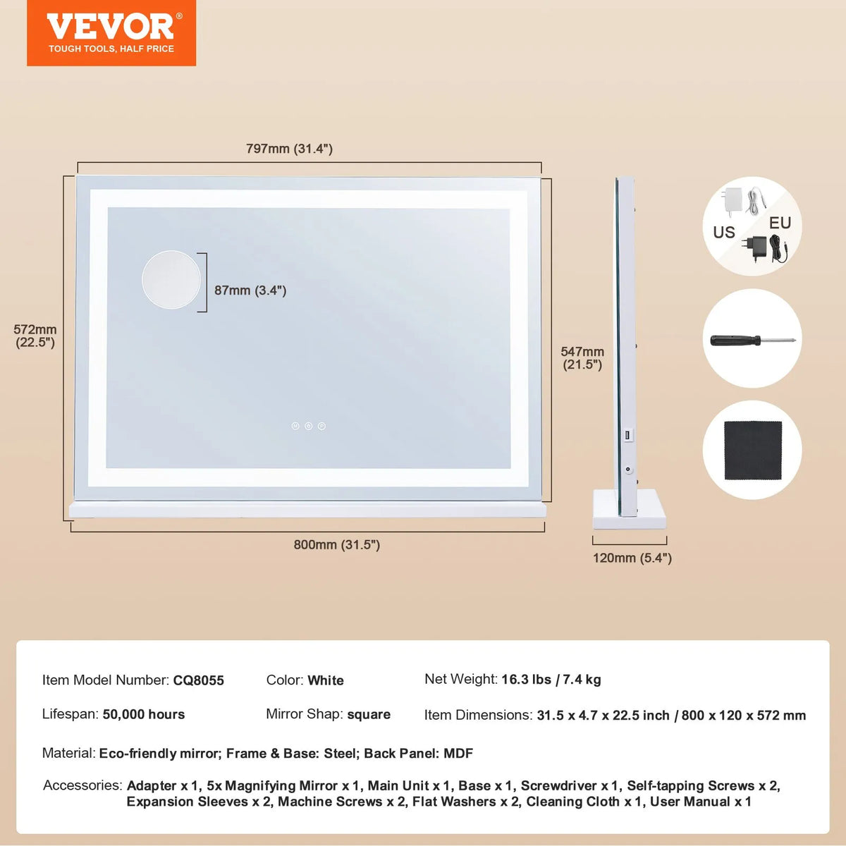 VEVOR grima spogulis ar apgaismojumu, 3 krāsu režīmiem un USB, galda vai sienas stiprinājums, 80 × 55,1 cm
