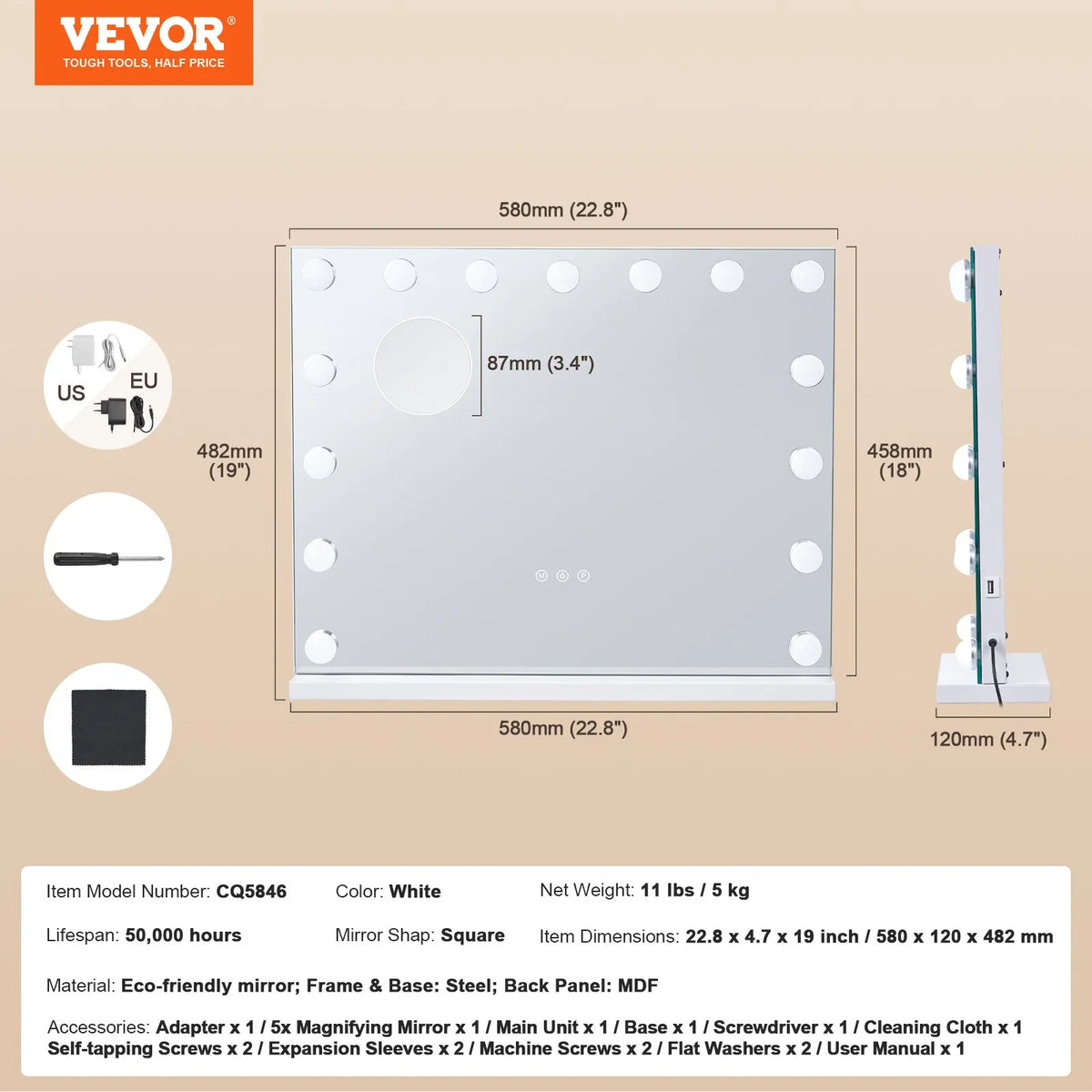 VEVOR Holivudas tualetes spogulis ar apgaismojumu un USB, galda vai sienas stiprinājums, 58 × 46 cm