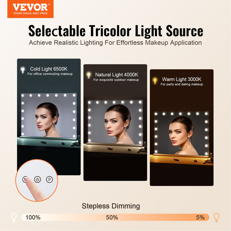 VEVOR Holivudas tualetes spogulis ar gaismām ar C тип USB galddatora sienas stiprinājumu, 80x60см