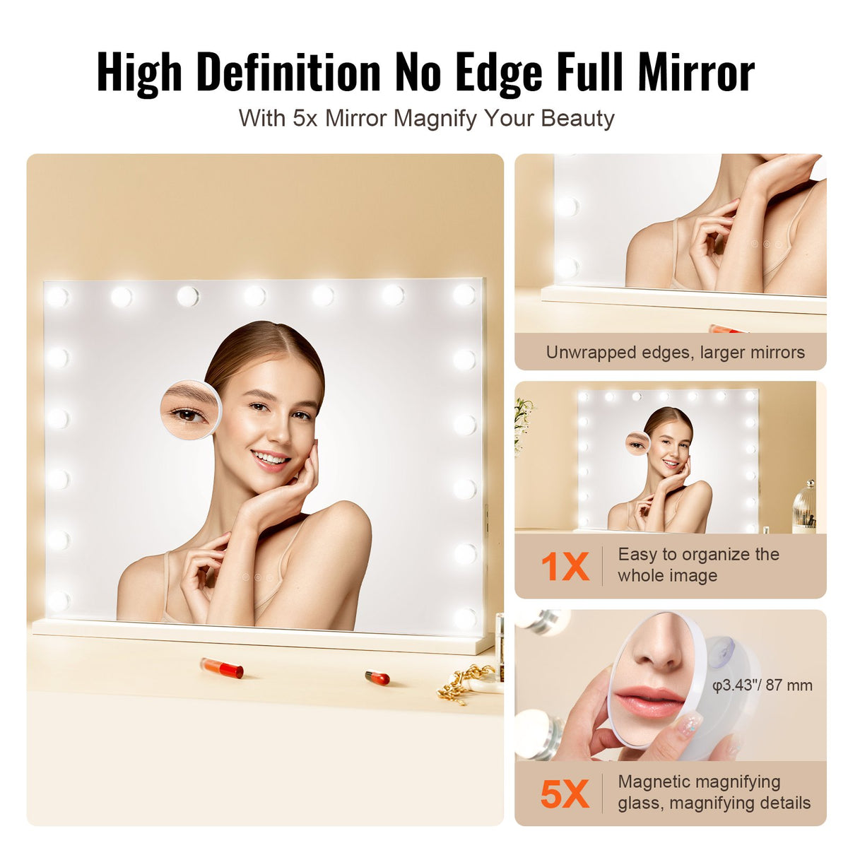 VEVOR Hollywood Toilet Mirror with Lights with USB Type-C Desktop Wall Mount, 80x60cm