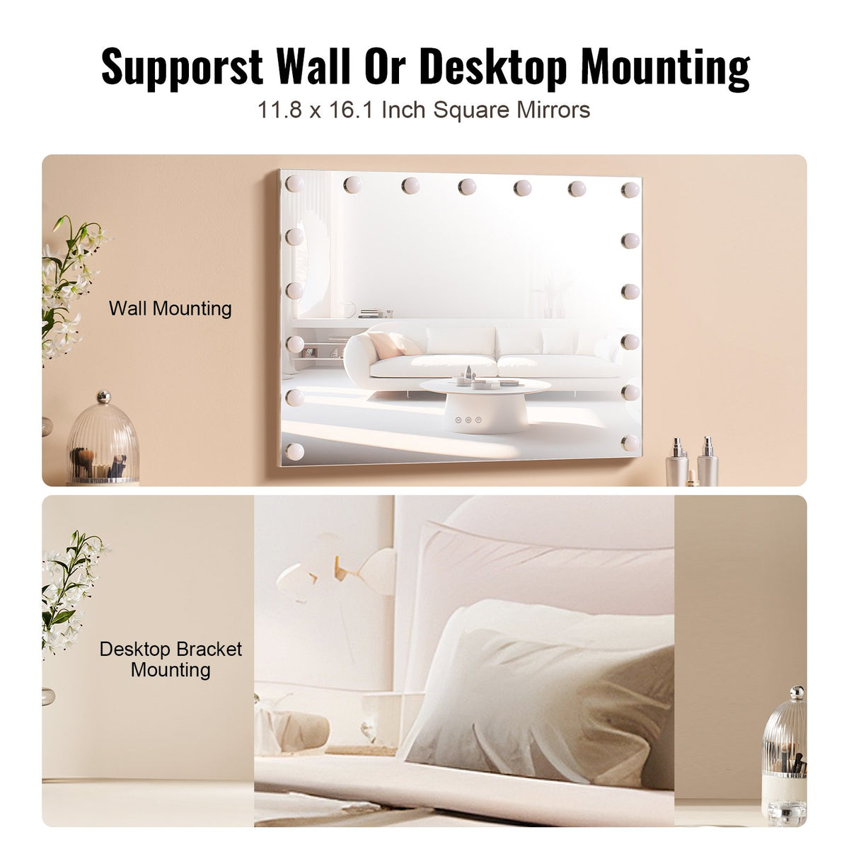 VEVOR Hollywood Toilet Mirror with Lights with USB Type-C Desktop Wall Mount, 80x60cm