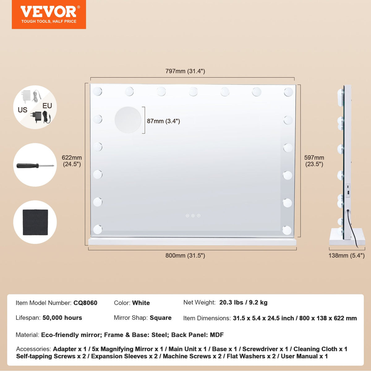 VEVOR Hollywood Toilet Mirror with Lights with USB Type-C Desktop Wall Mount, 80x60cm