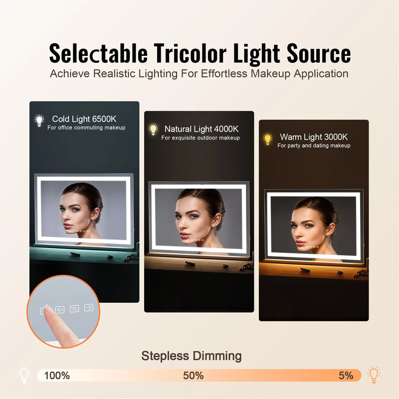 VEVOR grima spogulis ar apgaismojumu, 3 krāsu režīmiem, Bluetooth un USB, galda vai sienas stiprinājums, 55,1 cm