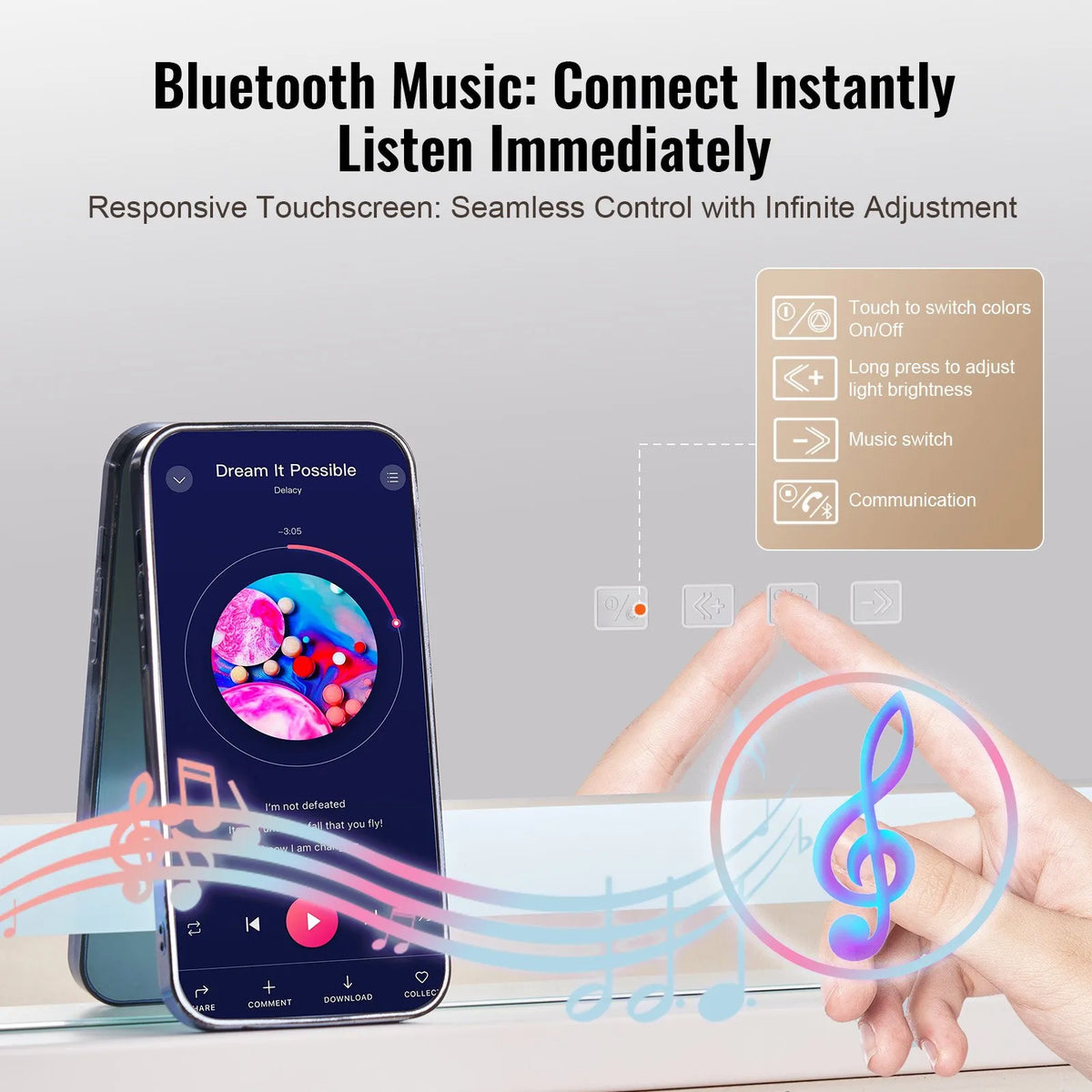 VEVOR grima spogulis ar apgaismojumu, 3 krāsu režīmiem, Bluetooth un USB, galda vai sienas stiprinājums, 55,1 cm