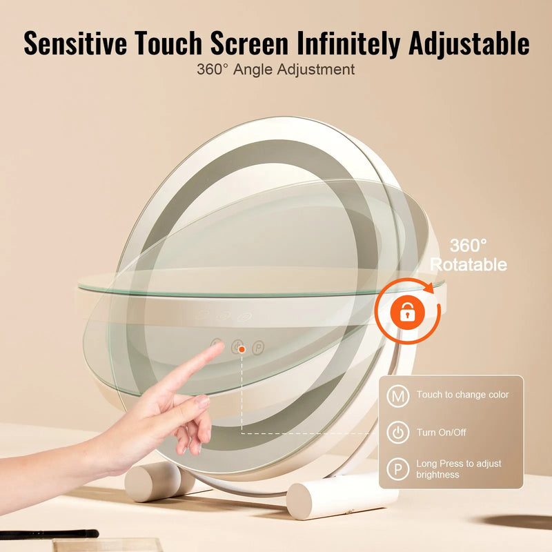 VEVOR apaļš LED grima spogulis ar apgaismojumu, 30 cm spogulis ar 3 gaismas režīmiem, 5× palielinājumu, skārienvadību un 360° rotāciju tualetes galdam (balts)