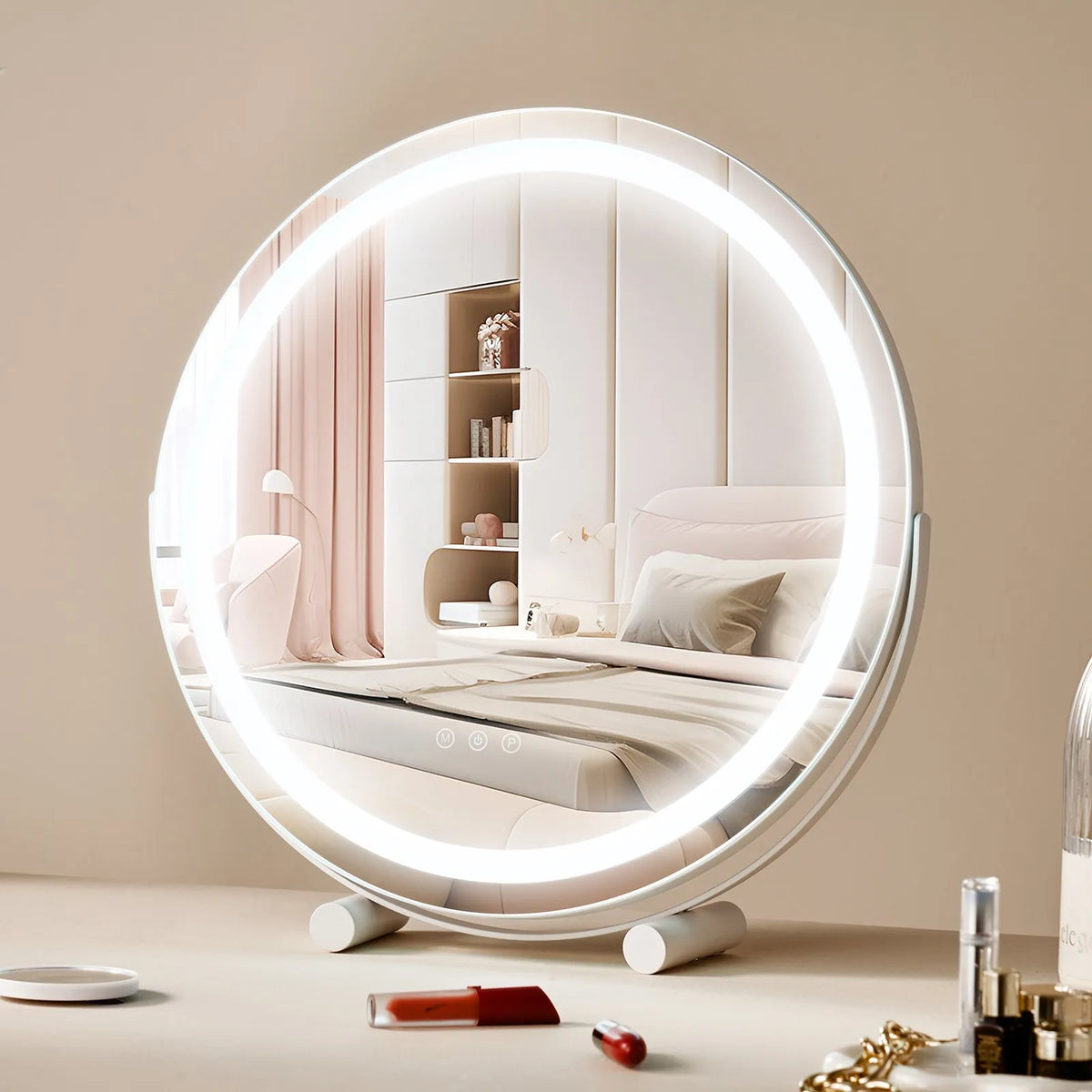 VEVOR Round LED Makeup Mirror with Lighting, 20 cm Mirror with 3 Colour Modes, 5× Magnification, Touch Control and 360° Rotation for Vanity Table, White