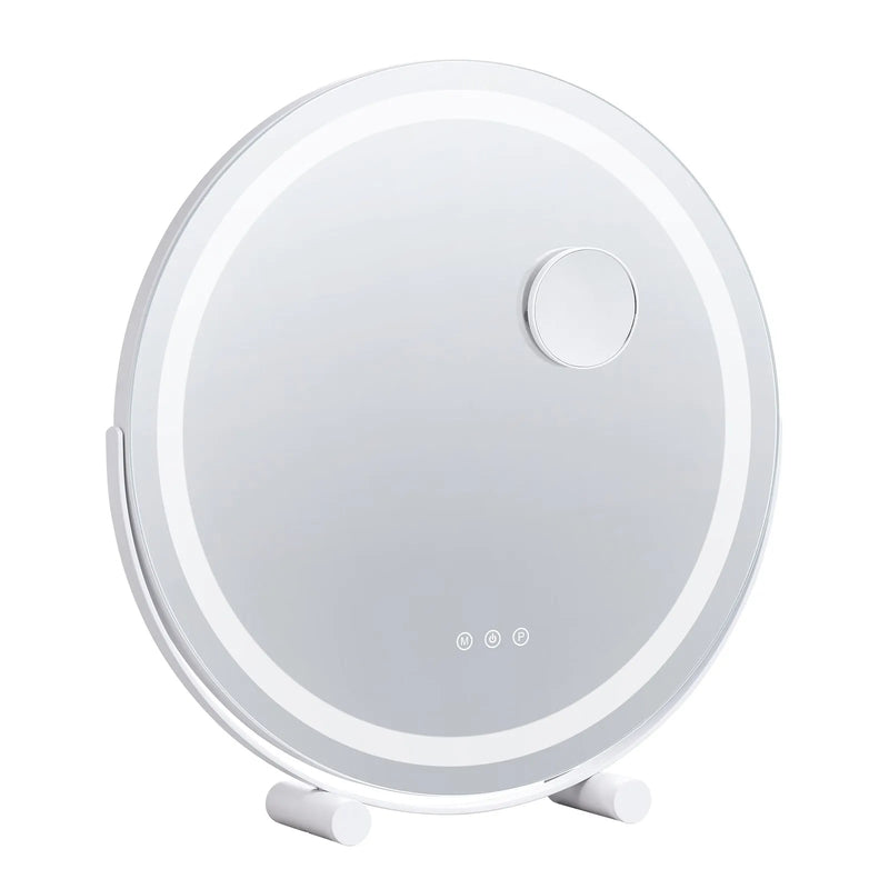 VEVOR apaļš LED grima spogulis ar apgaismojumu, 20 cm spogulis ar 3 krāsu režīmiem, 5× palielinājumu, skārienvadību un 360° rotāciju tualetes galdam, balts