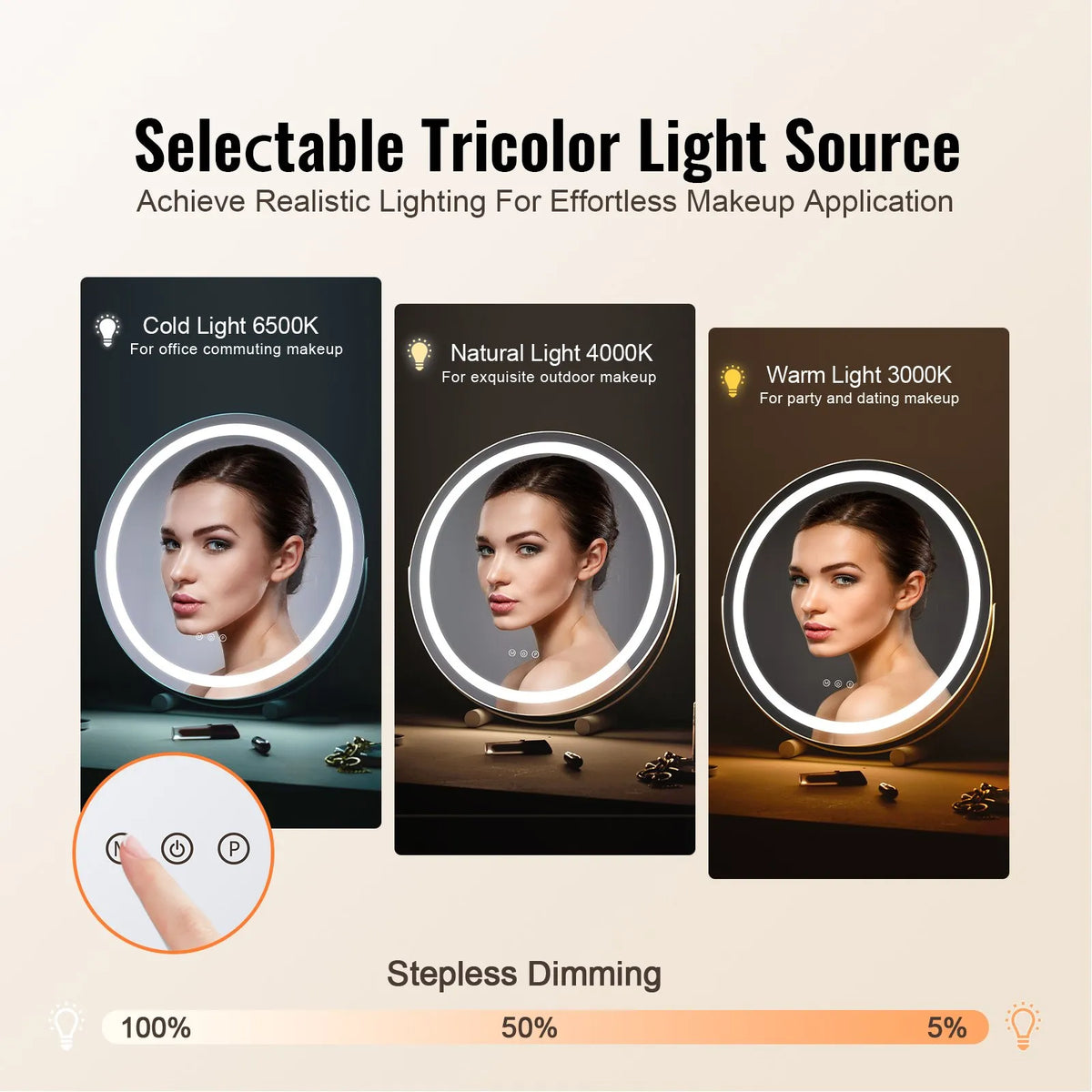 VEVOR Round LED Makeup Mirror with Lighting, 20 cm Mirror with 3 Colour Modes, 5× Magnification, Touch Control and 360° Rotation for Vanity Table, White