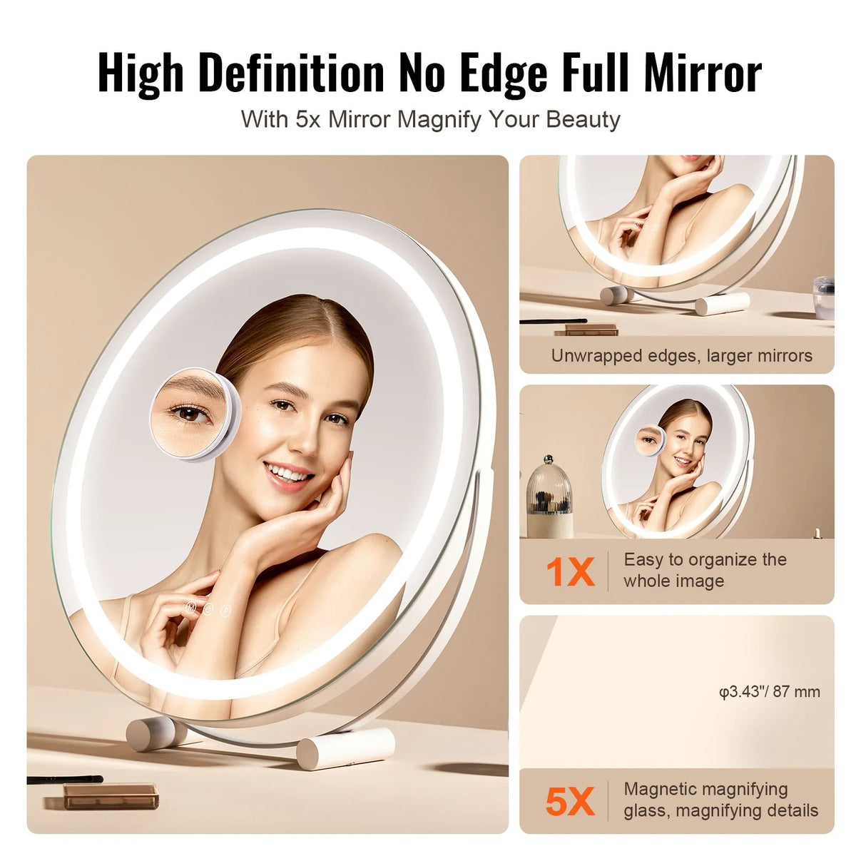 VEVOR Round LED Makeup Mirror with Lighting, 20 cm Mirror with 3 Colour Modes, 5× Magnification, Touch Control and 360° Rotation for Vanity Table, White