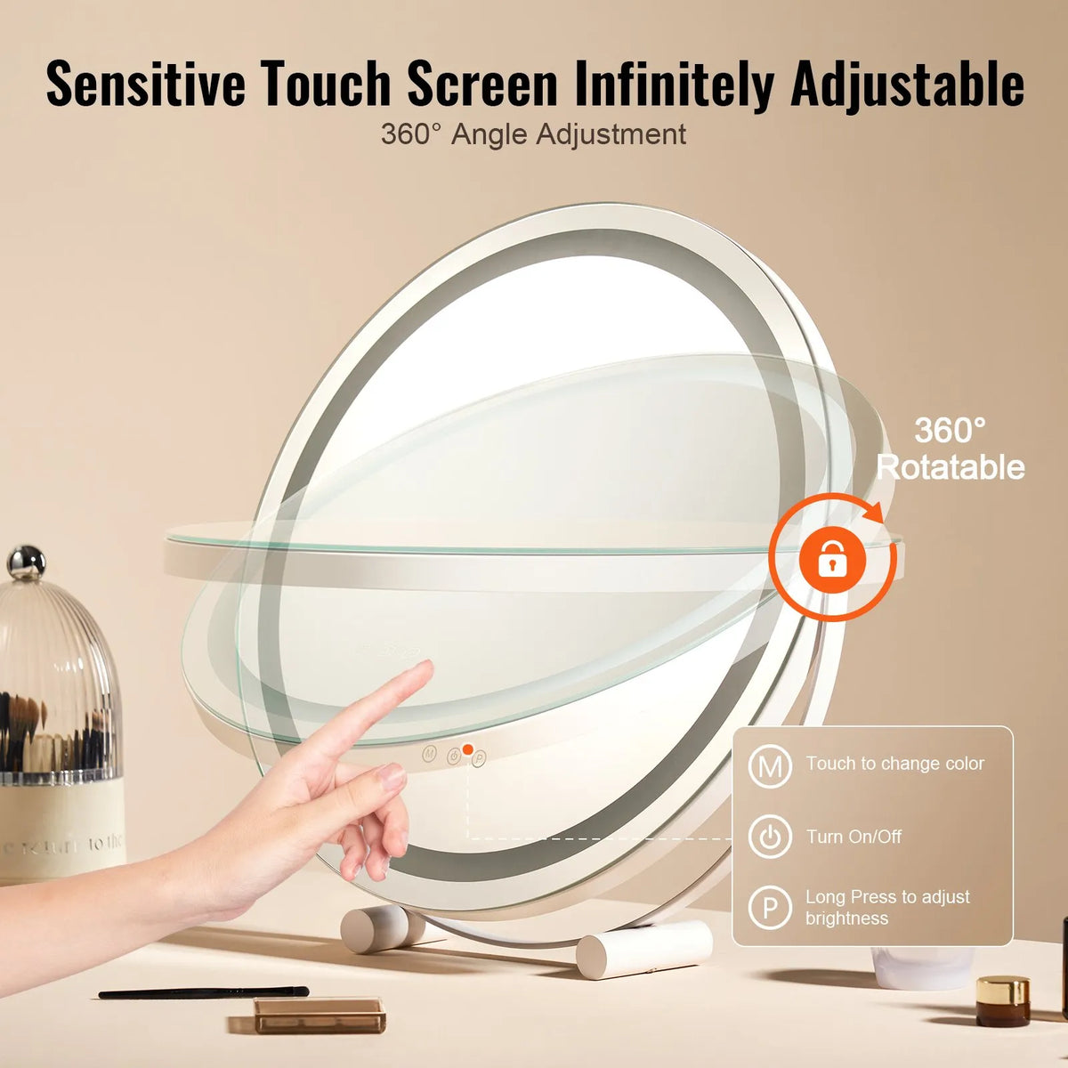 VEVOR Round LED Makeup Mirror with Lighting, 20 cm Mirror with 3 Colour Modes, 5× Magnification, Touch Control and 360° Rotation for Vanity Table, White