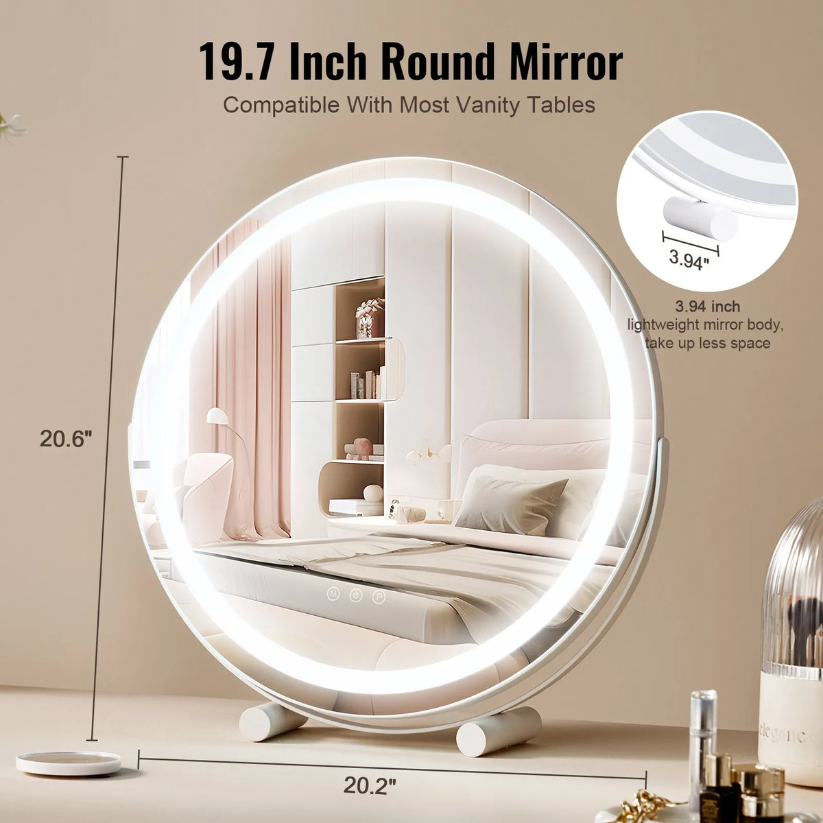 VEVOR Round LED Makeup Mirror with Lighting, 20 cm Mirror with 3 Colour Modes, 5× Magnification, Touch Control and 360° Rotation for Vanity Table, White