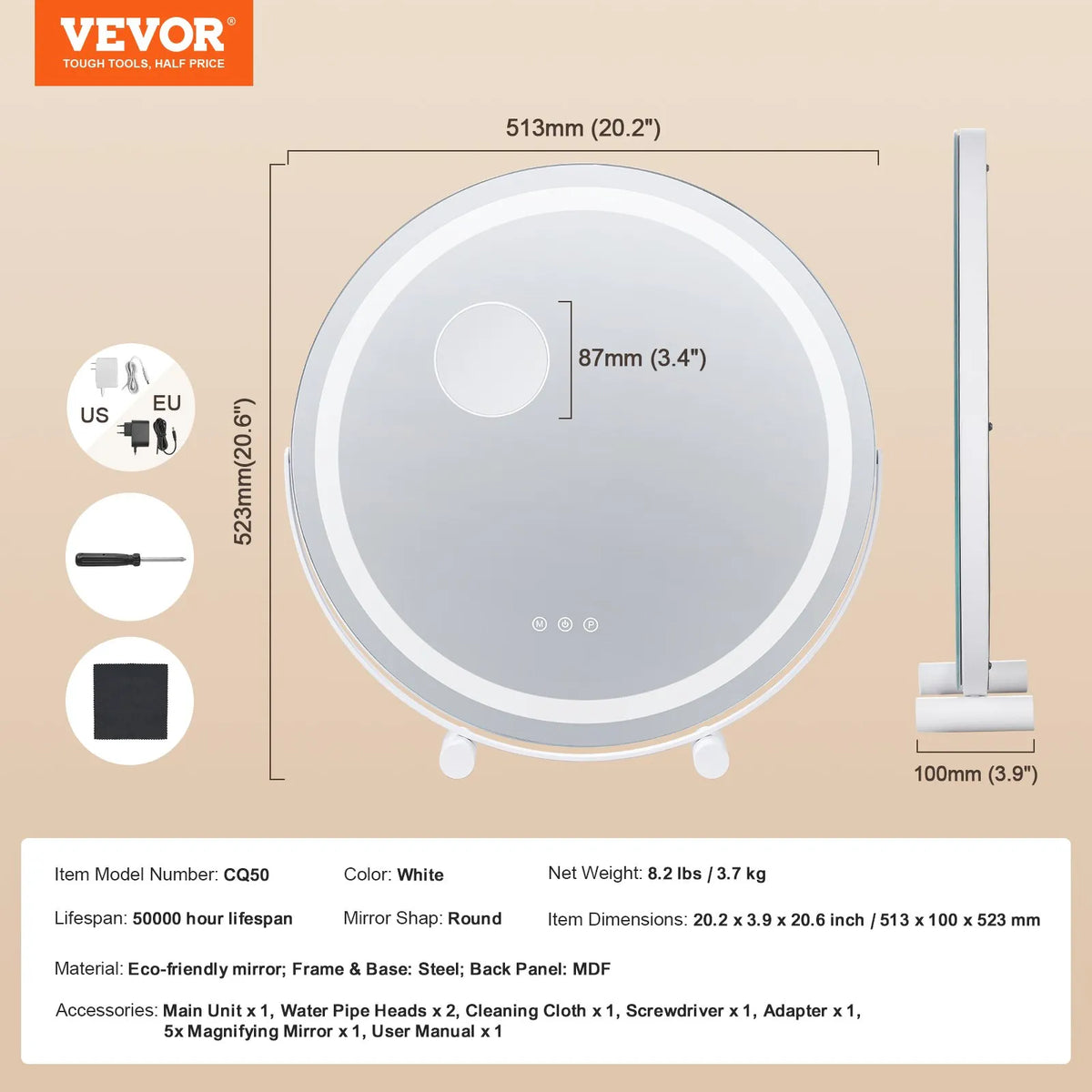 VEVOR Round LED Makeup Mirror with Lighting, 20 cm Mirror with 3 Colour Modes, 5× Magnification, Touch Control and 360° Rotation for Vanity Table, White