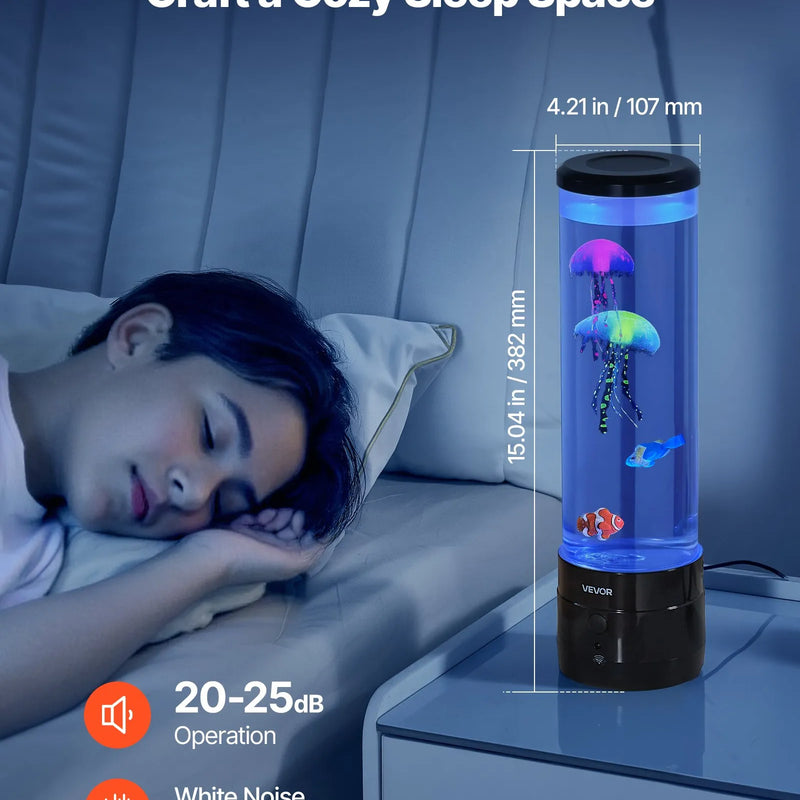 VEVOR sensorā burbuļu lampa ar zivtiņām 382 mm, 16 krāsas ar tālvadības pulti, LED ūdens lampa ar Bluetooth skaļruni un baltā trokšņa funkciju
