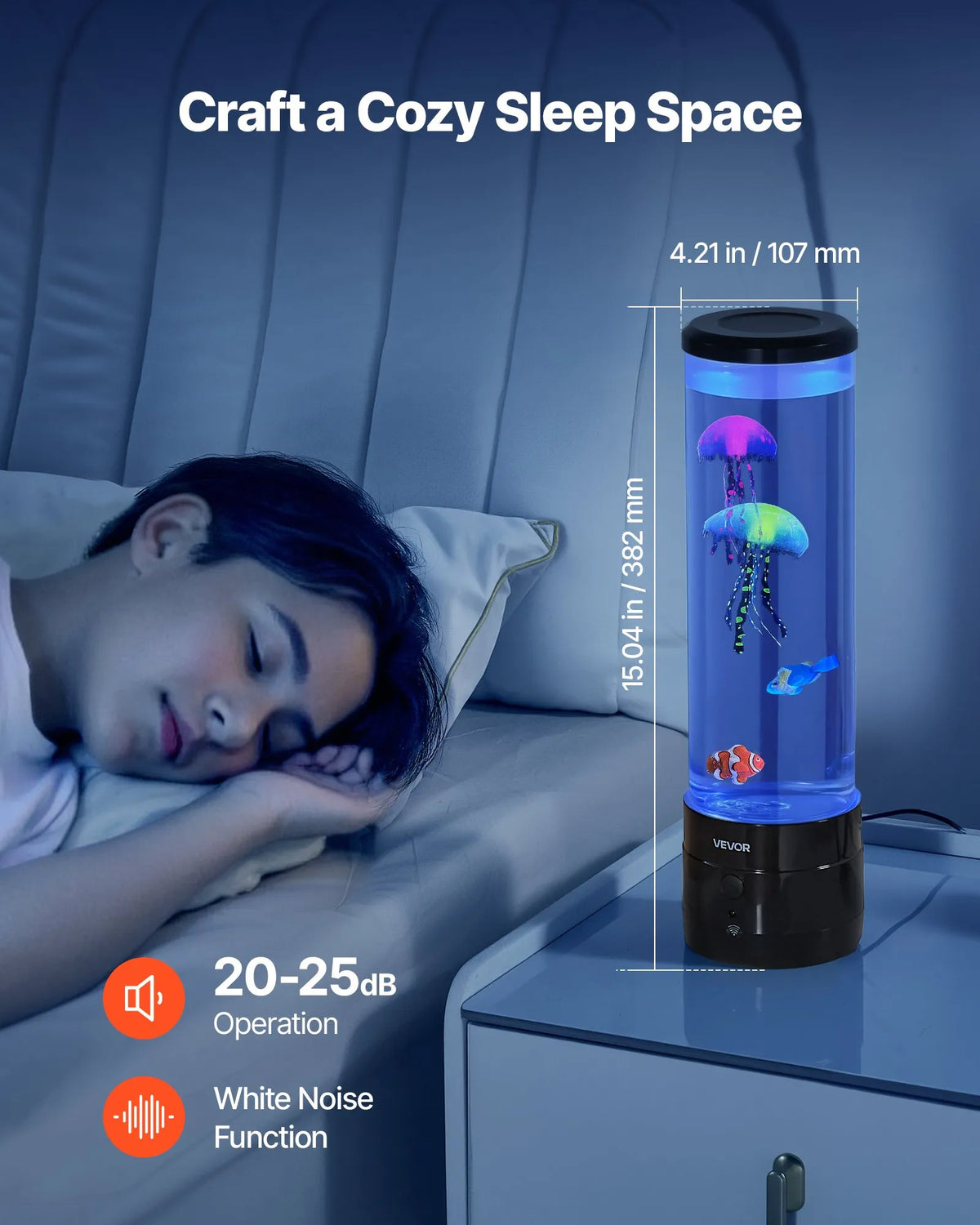 VEVORi anduriga mullilamp kaladega, 382 mm, 16 värvi, kaugjuhtimispuldiga, LED-veelamp Bluetooth-kõlariga ja valge müra funktsiooniga