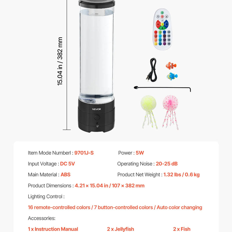 Sensorā burbuļu caurules lampa ar 16 tālvadības krāsu režīmiem, ūdens un zivju efekts, 382 mm
