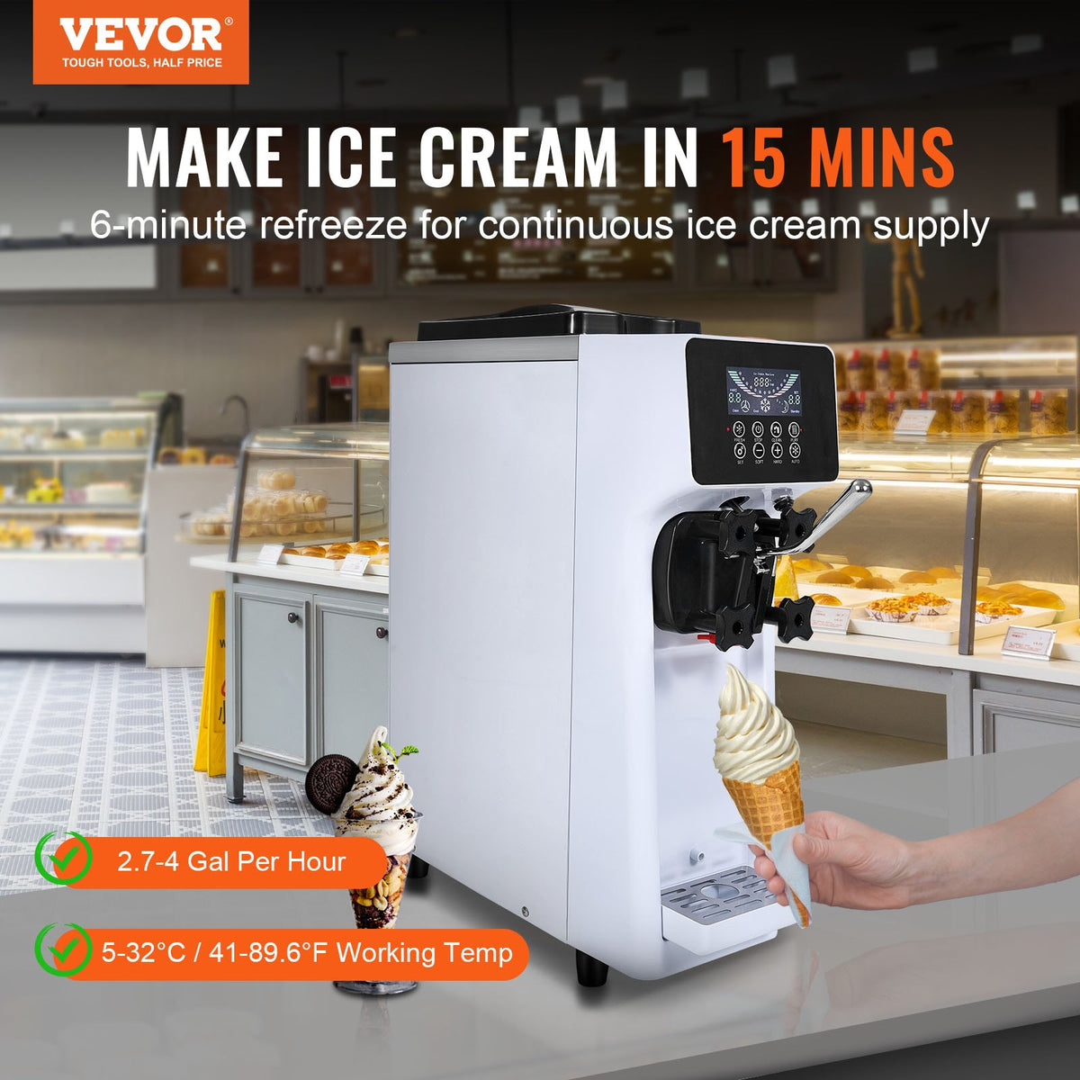 VEVOR Soft Ice Cream Machine 10 l/h, Single Flavour, Countertop Model with LCD Panel