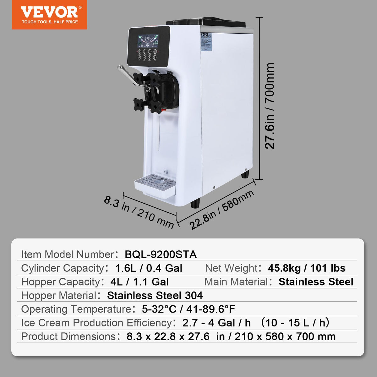 VEVOR Soft Ice Cream Machine 10 l/h, Single Flavour, Countertop Model with LCD Panel