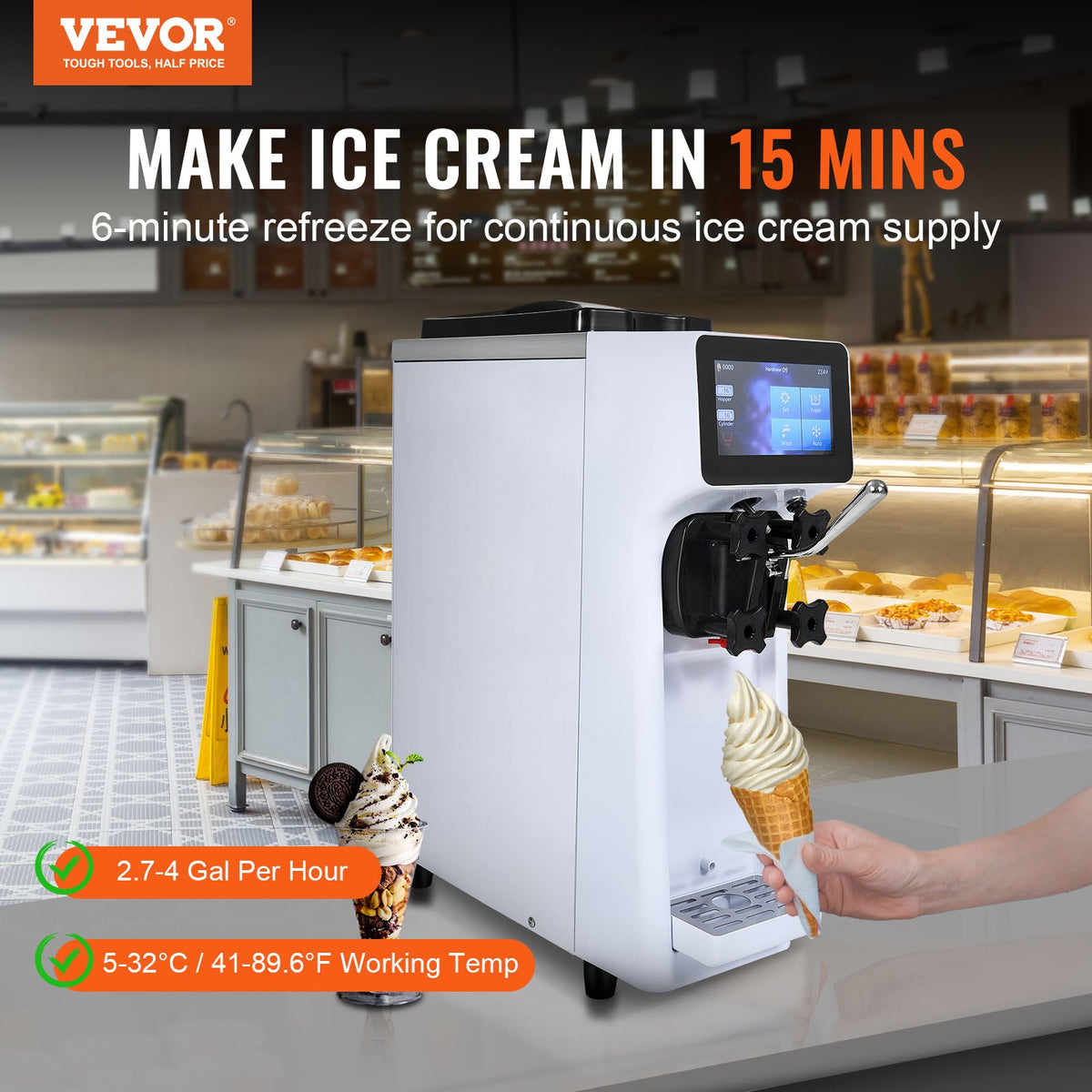VEVOR Soft Ice Cream Machine 10 l/h, Single Flavour, Countertop Model