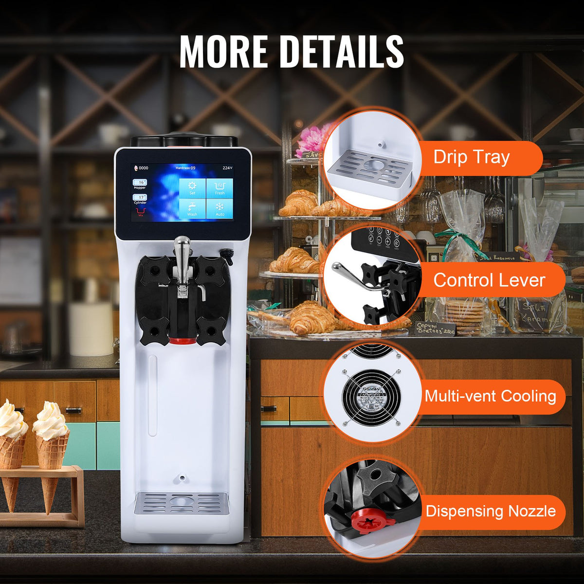 VEVOR Soft Ice Cream Machine 10 l/h, Single Flavour, Countertop Model