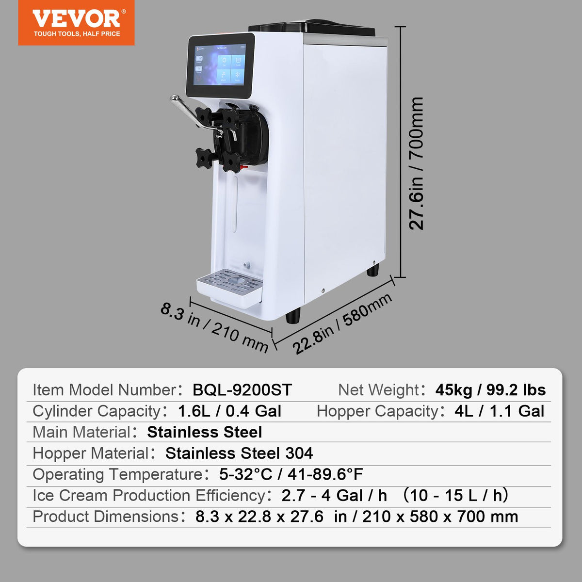 VEVOR Soft Ice Cream Machine 10 l/h, Single Flavour, Countertop Model