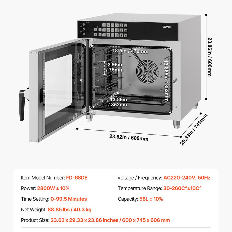 VEVOR konvekcijas cepeškrāsns uz galda virsmas – komerciāla grauzdētava / maiznīcas krāsns, nerūsējošais tērauds, 58 L