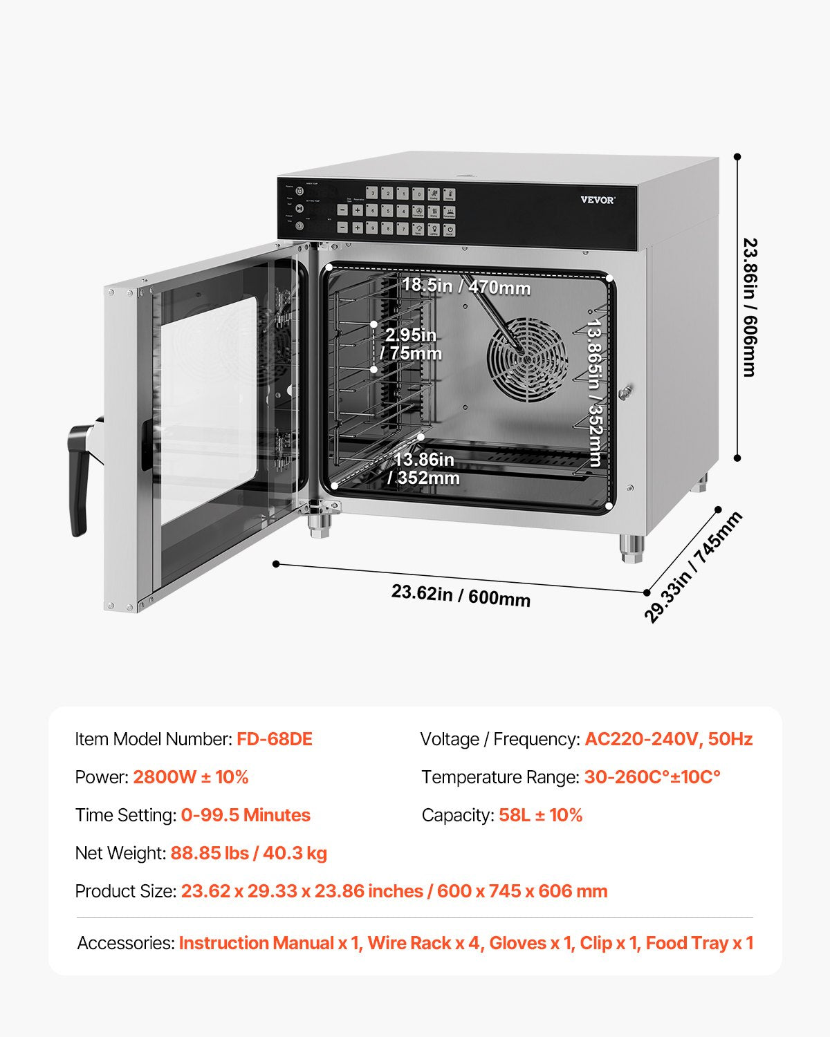 VEVOR Commercial Convection Oven 58 l, Stainless Steel, Countertop