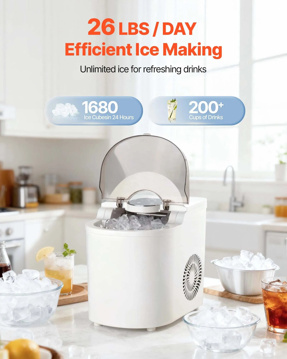 VEVOR Countertop Ice Maker 11.8 kg/24 h, 7 Bullet Ice Cubes in 6 Minutes, 2 Sizes, Self-Cleaning