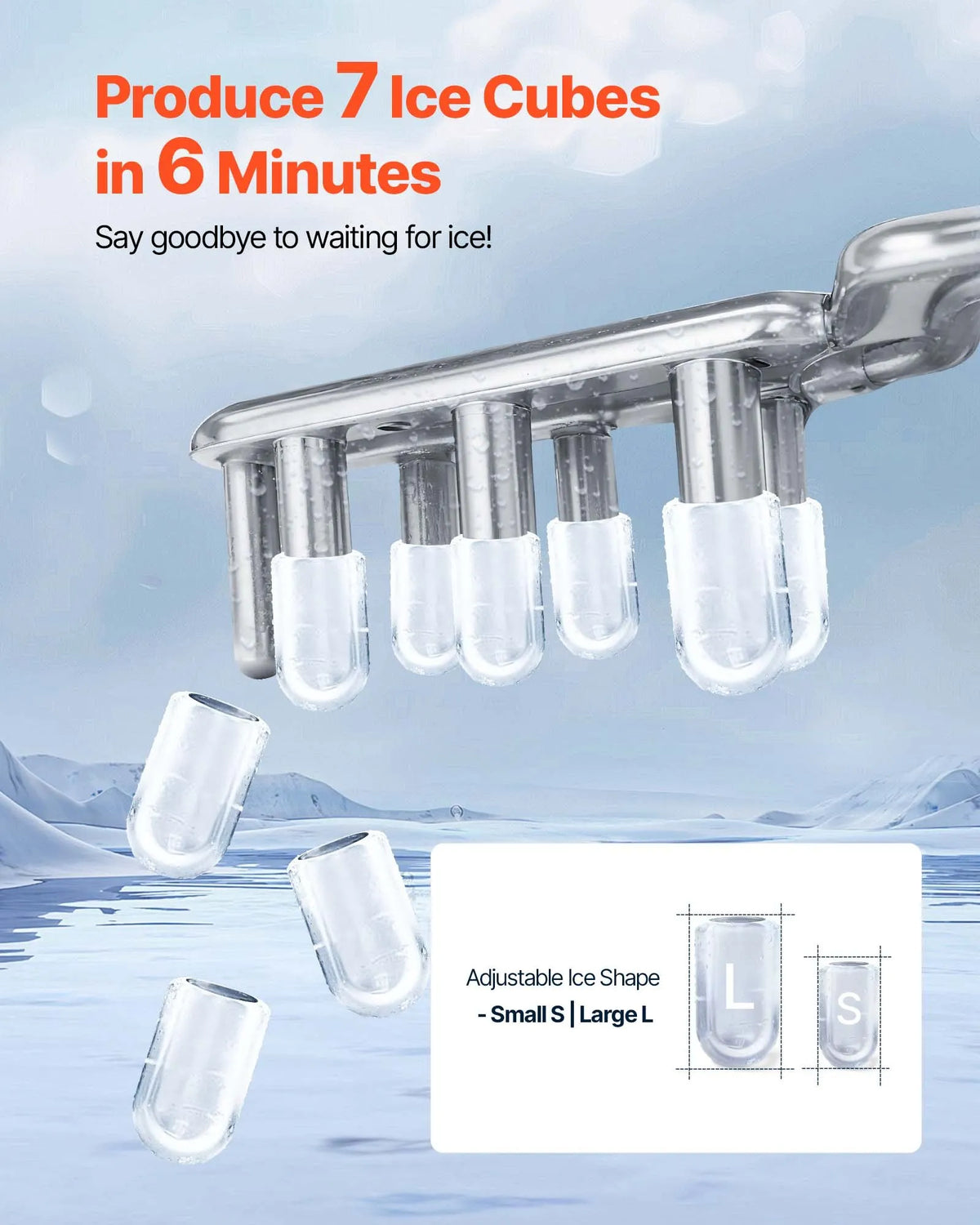 VEVOR Countertop Ice Maker 11.8 kg/24 h, 7 Bullet Ice Cubes in 6 Minutes, 2 Sizes, Self-Cleaning
