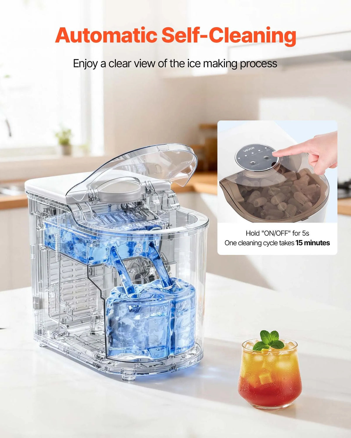 VEVOR Countertop Ice Maker 11.8 kg/24 h, 7 Bullet Ice Cubes in 6 Minutes, 2 Sizes, Self-Cleaning