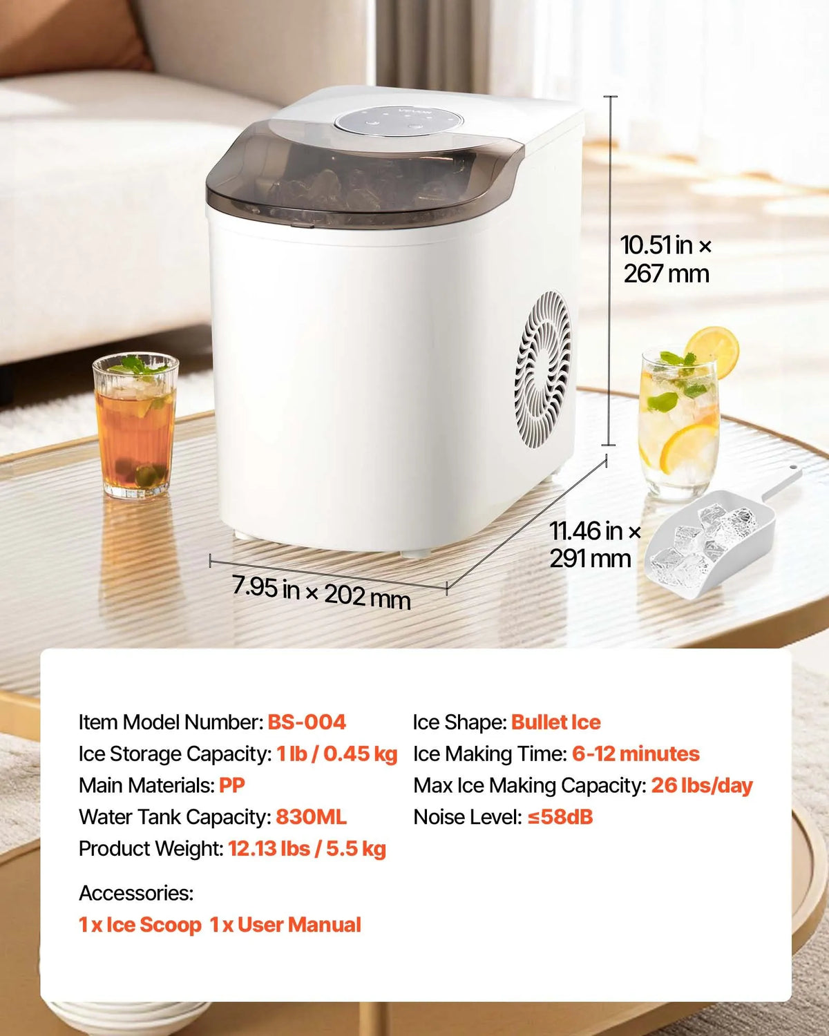 VEVOR Countertop Ice Maker 11.8 kg/24 h, 7 Bullet Ice Cubes in 6 Minutes, 2 Sizes, Self-Cleaning