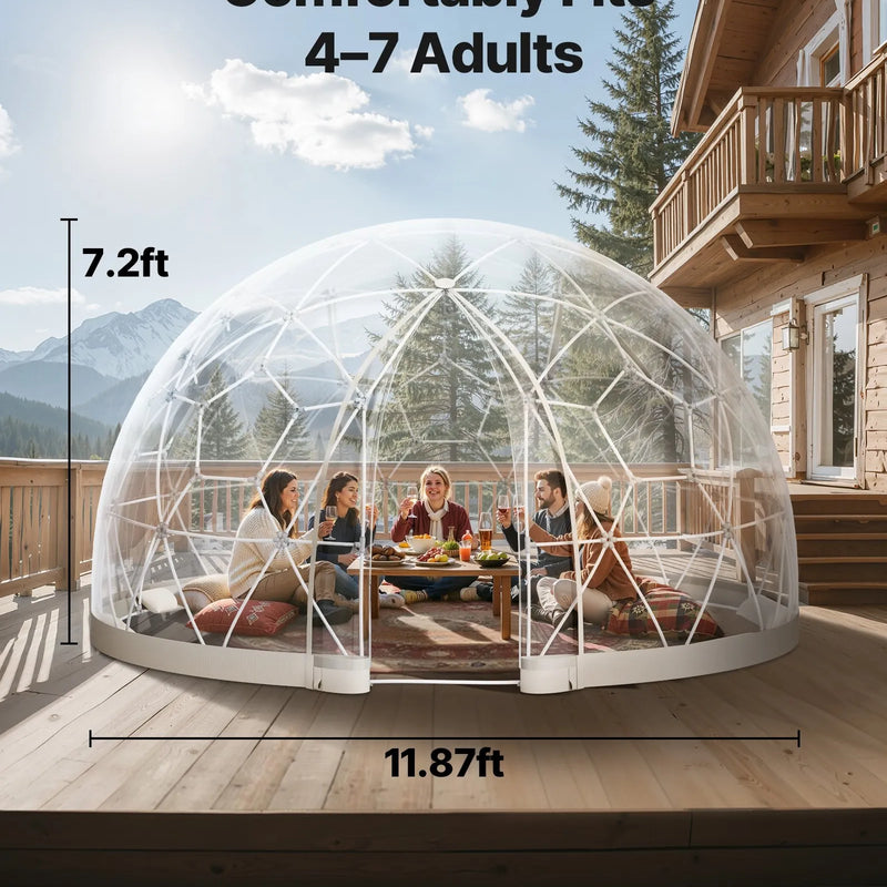 Dārza kupolveida telts, 3,6 × 2,2 m caurspīdīga āra burbuļtelts 4–7 personām, laikapstākļu izturīga ģeodēziskā siltumnīcas tipa telts ar logu, PVC iglu terasēm, kempingiem, ballītēm un kāzām