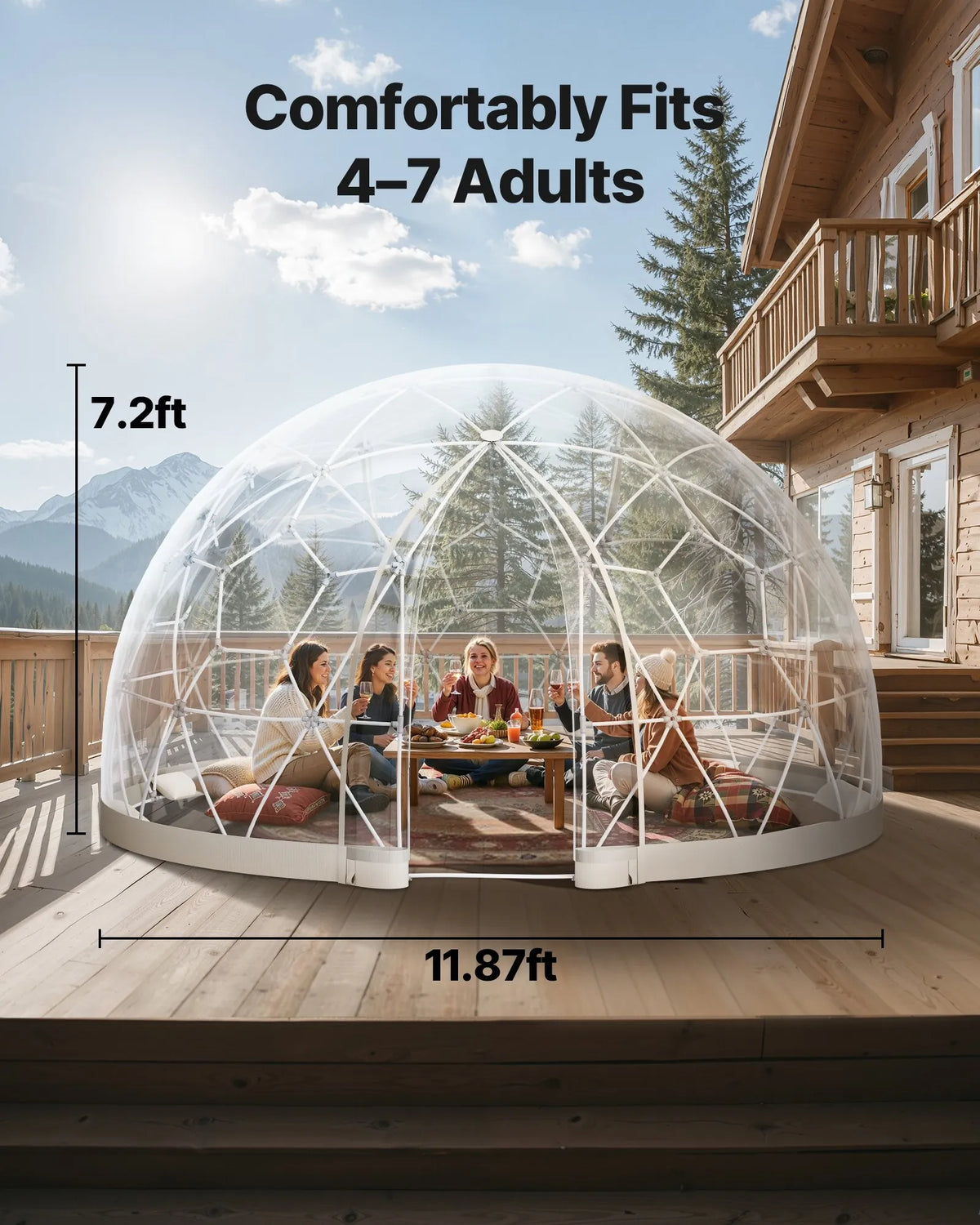 Dārza kupolveida telts, 3,6 × 2,2 m caurspīdīga āra burbuļtelts 4–7 personām, laikapstākļu izturīga ģeodēziskā siltumnīcas tipa telts ar logu, PVC iglu terasēm, kempingiem, ballītēm un kāzām