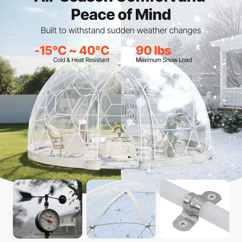 Dārza kupolveida telts, 3,6 × 2,2 m caurspīdīga āra burbuļtelts 4–7 personām, laikapstākļu izturīga ģeodēziskā siltumnīcas tipa telts ar logu, PVC iglu terasēm, kempingiem, ballītēm un kāzām