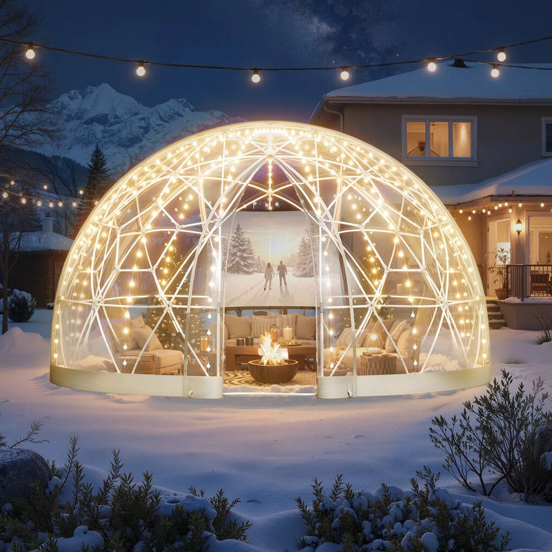 Dārza kupolveida telts, 3,6 × 2,2 m caurspīdīga āra burbuļtelts 4–7 personām, laikapstākļu izturīga ģeodēziskā siltumnīcas tipa telts ar logu, PVC iglu terasēm, kempingiem, ballītēm un kāzām