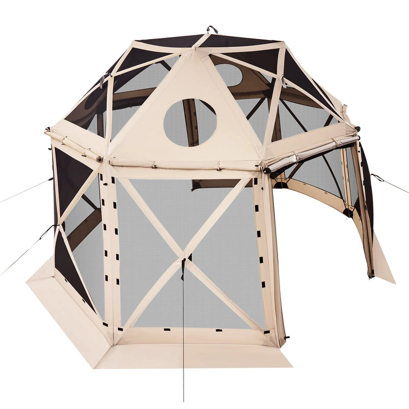 VEVOR uznirstoša sietveida lapene-telts, 3,6 × 3,6 m, 13-sānu sfēriska kempinga nojume ar noņemamu jumtu un pārnēsāšanas somu, ātra uzstādīšana, aizsardzība pret kukaiņiem, saules patversme 8–10 personām, bēša