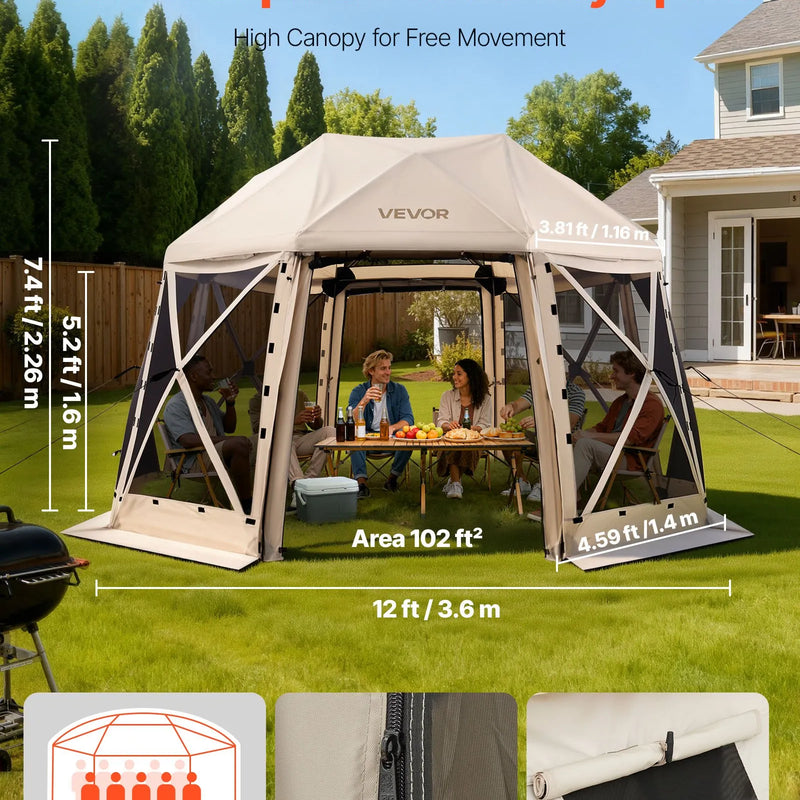 VEVOR uznirstoša sietveida lapene-telts, 3,6 × 3,6 m, 13-sānu sfēriska kempinga nojume ar noņemamu jumtu un pārnēsāšanas somu, ātra uzstādīšana, aizsardzība pret kukaiņiem, saules patversme 8–10 personām, bēša
