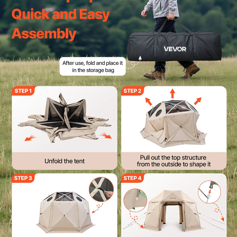 VEVOR uznirstoša sietveida lapene-telts, 3,6 × 3,6 m, 13-sānu sfēriska kempinga nojume ar noņemamu jumtu un pārnēsāšanas somu, ātra uzstādīšana, aizsardzība pret kukaiņiem, saules patversme 8–10 personām, bēša