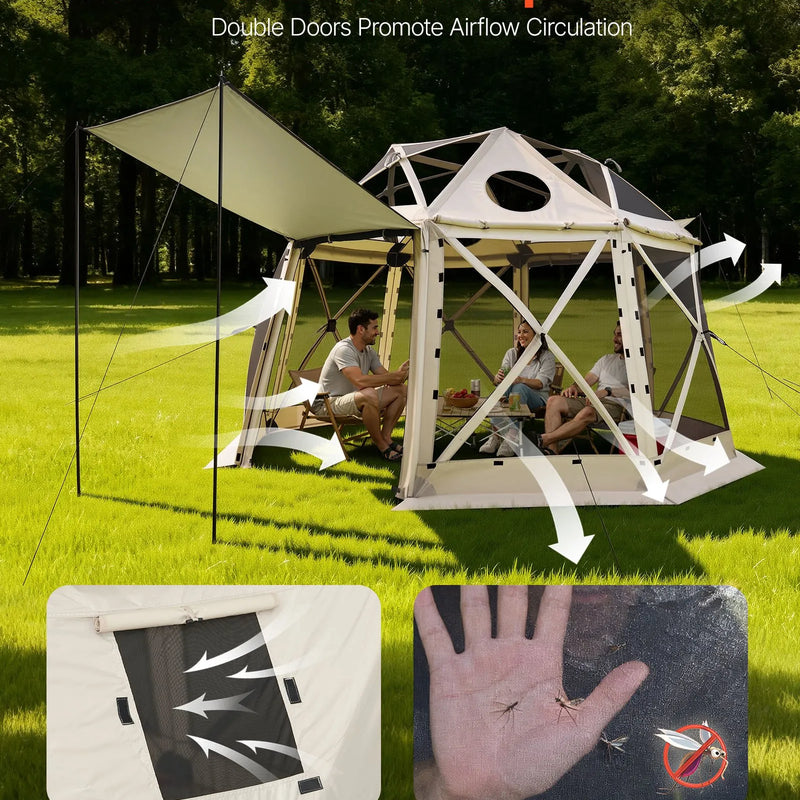 VEVOR uznirstoša sietveida lapene-telts, 3,6 × 3,6 m, 13-sānu sfēriska kempinga nojume ar noņemamu jumtu un pārnēsāšanas somu, ātra uzstādīšana, aizsardzība pret kukaiņiem, saules patversme 8–10 personām, bēša