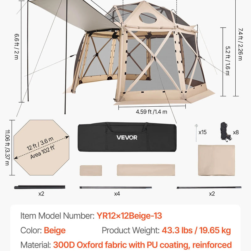 VEVOR uznirstoša sietveida lapene-telts, 3,6 × 3,6 m, 13-sānu sfēriska kempinga nojume ar noņemamu jumtu un pārnēsāšanas somu, ātra uzstādīšana, aizsardzība pret kukaiņiem, saules patversme 8–10 personām, bēša