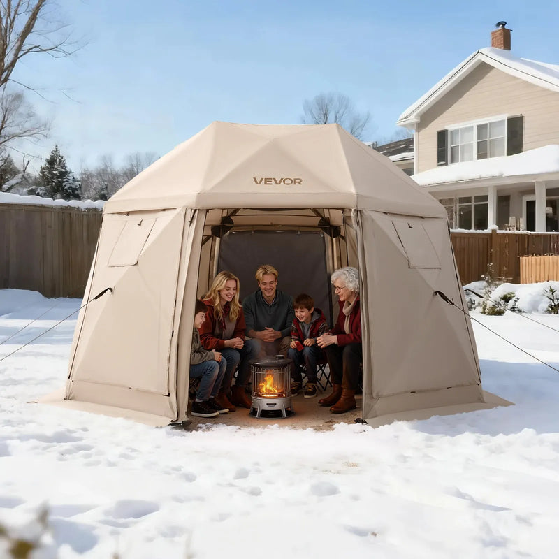 VEVOR uznirstoša sietveida lapene-telts, 3,6 × 3,6 m, 13-sānu sfēriska kempinga nojume ar noņemamu jumtu un pārnēsāšanas somu, ātra uzstādīšana, aizsardzība pret kukaiņiem, saules patversme 8–10 personām, bēša