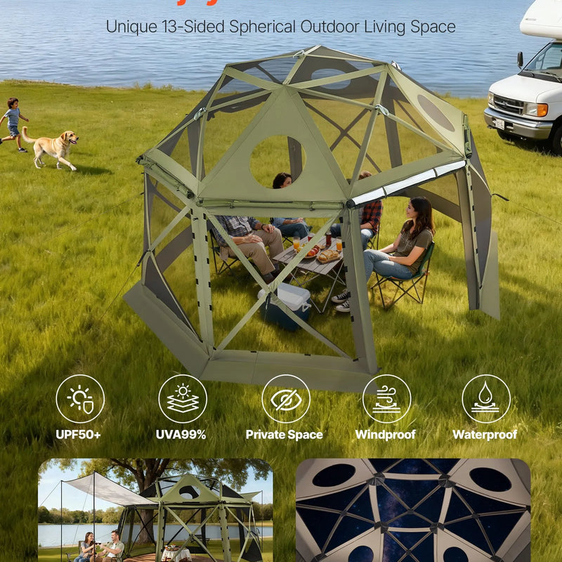 VEVOR uznirstoša sietveida lapene-telts, 3,96 × 3,96 m, 13-sānu sfēriska kempinga nojume ar noņemamu jumtu un pārnēsāšanas somu, ātra uzstādīšana, aizsardzība pret kukaiņiem, saules patversme 10–12 personām, zaļa