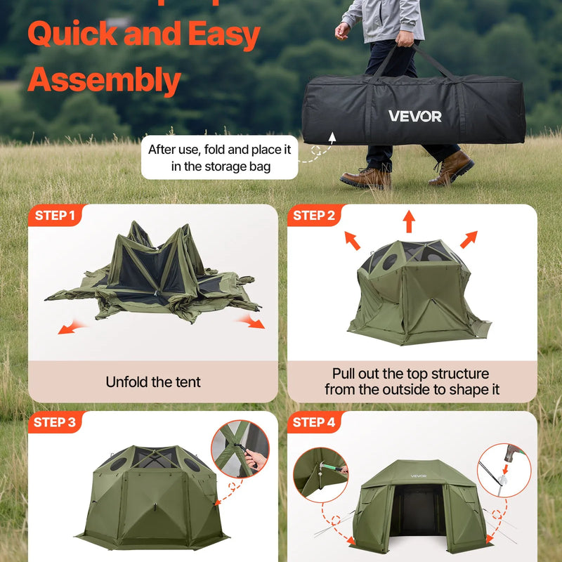 VEVOR uznirstoša sietveida lapene-telts, 3,96 × 3,96 m, 13-sānu sfēriska kempinga nojume ar noņemamu jumtu un pārnēsāšanas somu, ātra uzstādīšana, aizsardzība pret kukaiņiem, saules patversme 10–12 personām, zaļa