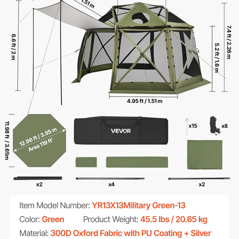 VEVOR uznirstoša sietveida lapene-telts, 3,96 × 3,96 m, 13-sānu sfēriska kempinga nojume ar noņemamu jumtu un pārnēsāšanas somu, ātra uzstādīšana, aizsardzība pret kukaiņiem, saules patversme 10–12 personām, zaļa