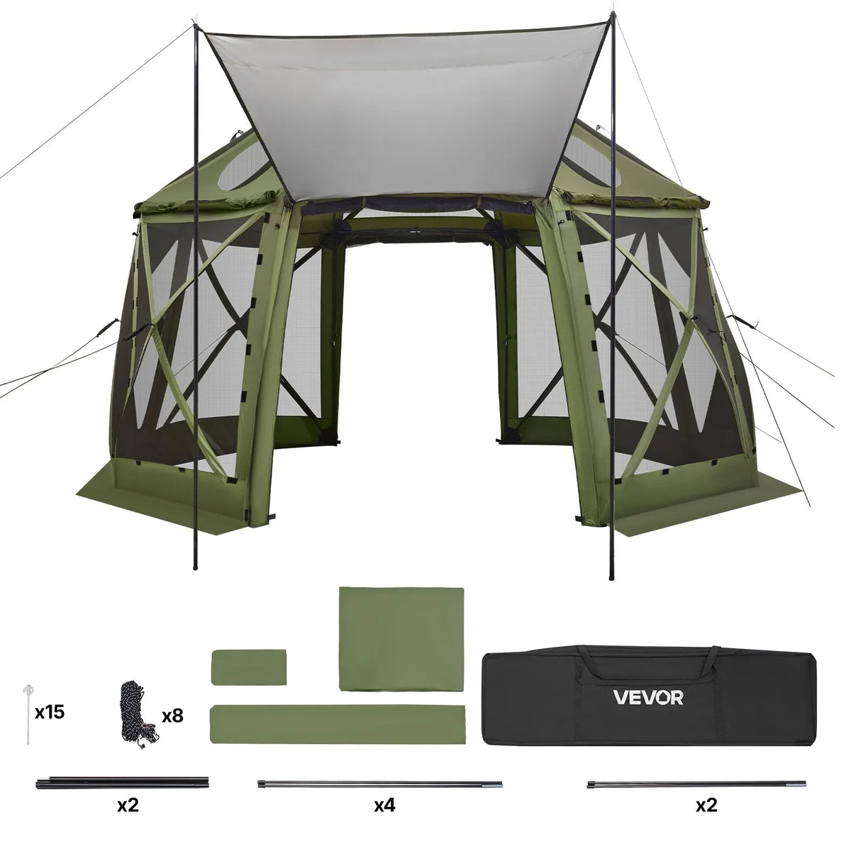 VEVOR uznirstoša sietveida lapene-telts, 3,96 × 3,96 m, 13-sānu sfēriska kempinga nojume ar noņemamu jumtu un pārnēsāšanas somu, ātra uzstādīšana, aizsardzība pret kukaiņiem, saules patversme 10-12 personām, zaļa