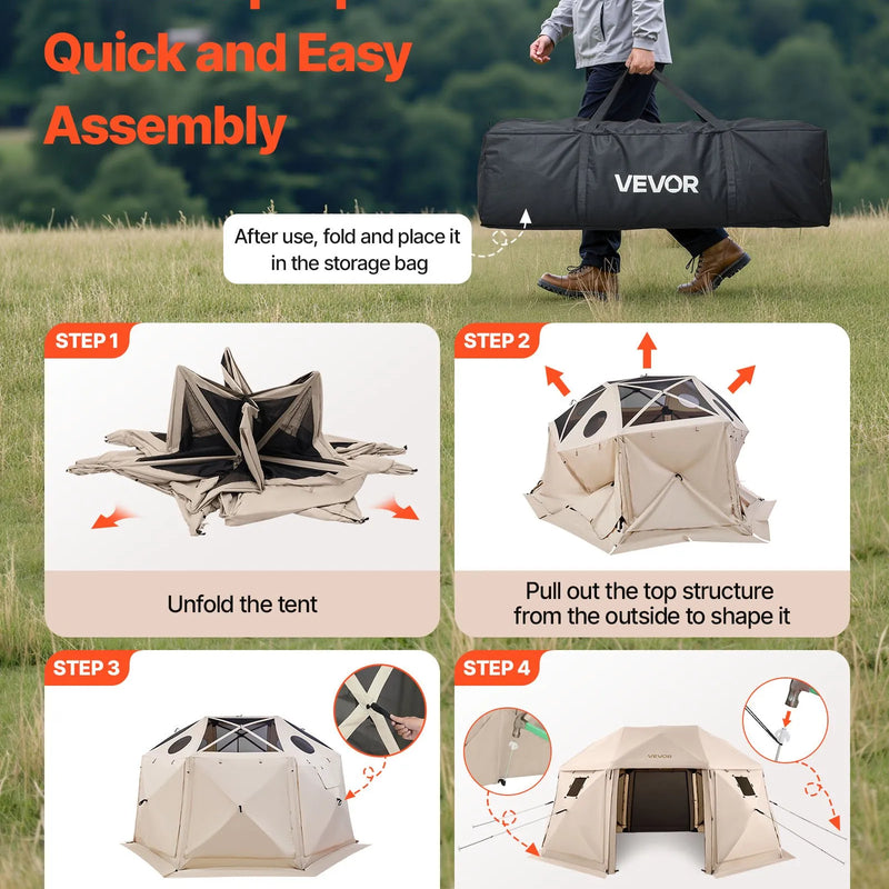 VEVOR uznirstoša sietveida lapene-telts, 4,57 × 4,57 m, 13-sānu sfēriska kempinga nojume ar noņemamu jumtu un pārnēsāšanas somu, ātra uzstādīšana, aizsardzība pret kukaiņiem, saules patversme 12–15 personām, bēša