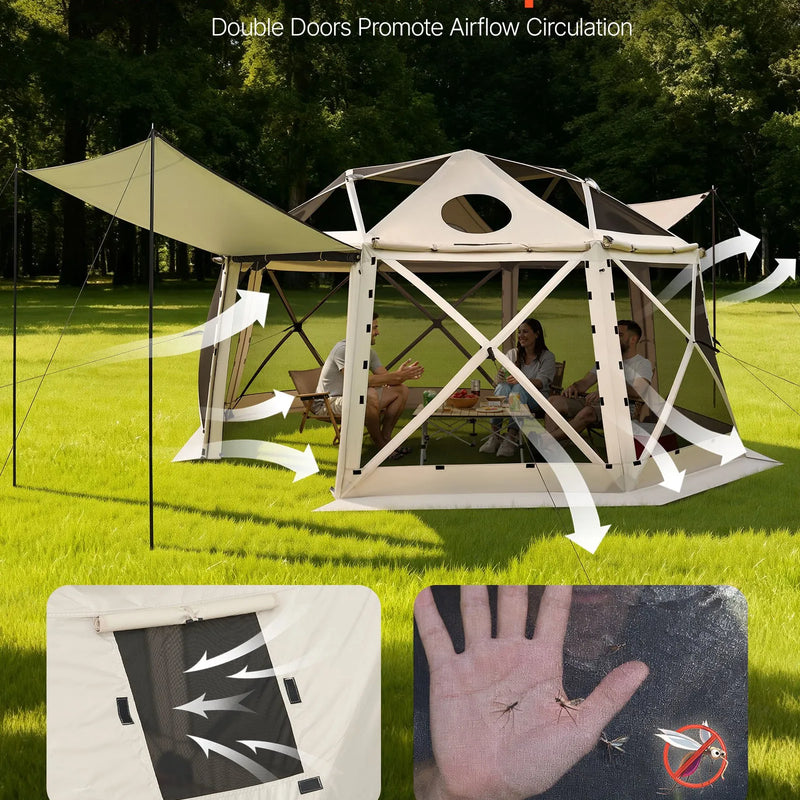 VEVOR uznirstoša sietveida lapene-telts, 4,57 × 4,57 m, 13-sānu sfēriska kempinga nojume ar noņemamu jumtu un pārnēsāšanas somu, ātra uzstādīšana, aizsardzība pret kukaiņiem, saules patversme 12–15 personām, bēša
