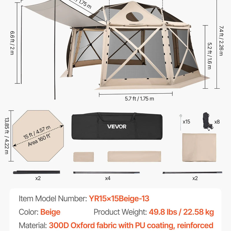 VEVOR uznirstoša sietveida lapene-telts, 4,57 × 4,57 m, 13-sānu sfēriska kempinga nojume ar noņemamu jumtu un pārnēsāšanas somu, ātra uzstādīšana, aizsardzība pret kukaiņiem, saules patversme 12–15 personām, bēša